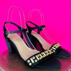 Metaphor Sesha Black Satin Jewel Open Toe Heeled Dress Sandal Sz 9.5